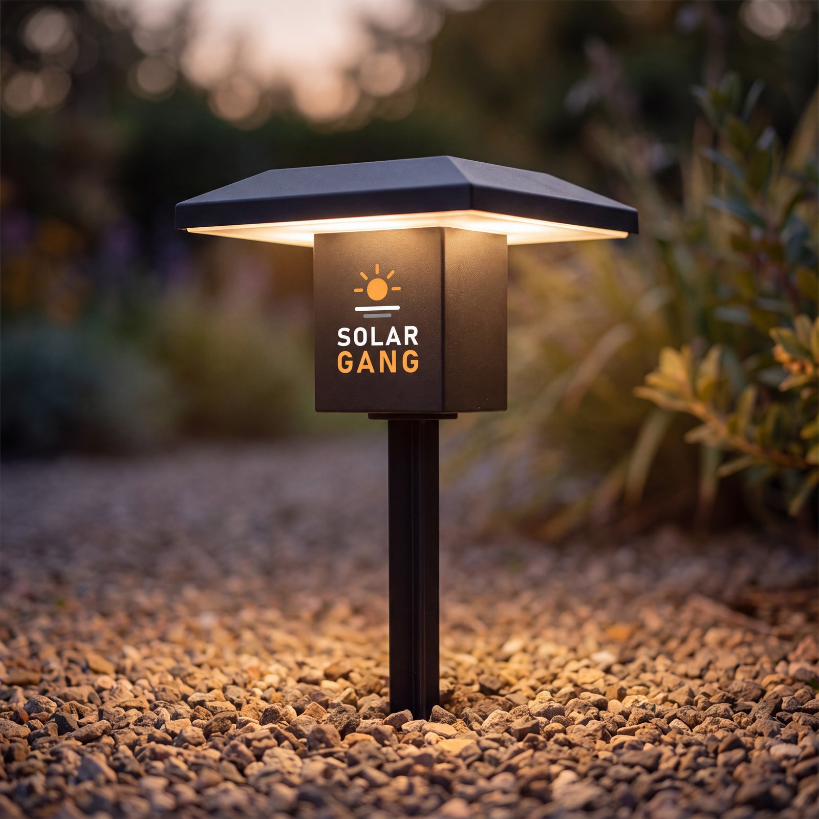 Solar path lights along a garden path at dusk